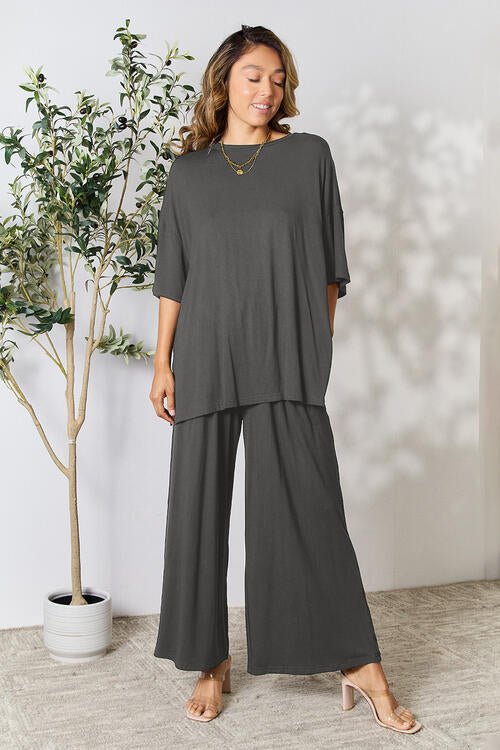 Double Take Full Size Round Neck Slit Top and Pants Set - Loungewear Set - Charcoal - Bella Bourget