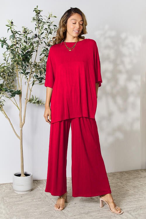 Double Take Full Size Round Neck Slit Top and Pants Set - Loungewear Set - Red - Bella Bourget