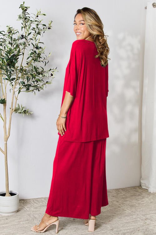 Double Take Full Size Round Neck Slit Top and Pants Set - Loungewear Set - Red - Bella Bourget