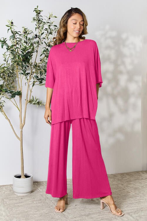 Double Take Full Size Round Neck Slit Top and Pants Set - Loungewear Set - Hot Pink - Bella Bourget