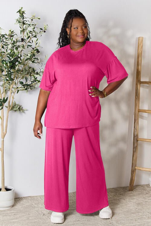 Double Take Full Size Round Neck Slit Top and Pants Set - Loungewear Set - Hot Pink - Bella Bourget