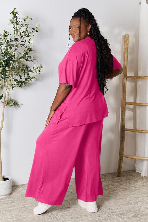 Double Take Full Size Round Neck Slit Top and Pants Set - Loungewear Set - Hot Pink - Bella Bourget