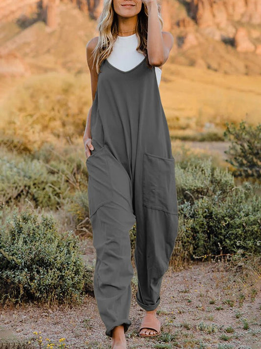 Double Take Full Size Sleeveless V - Neck Pocketed Jumpsuit - Full Size Jumpsuit - Charcoal - Bella Bourget
