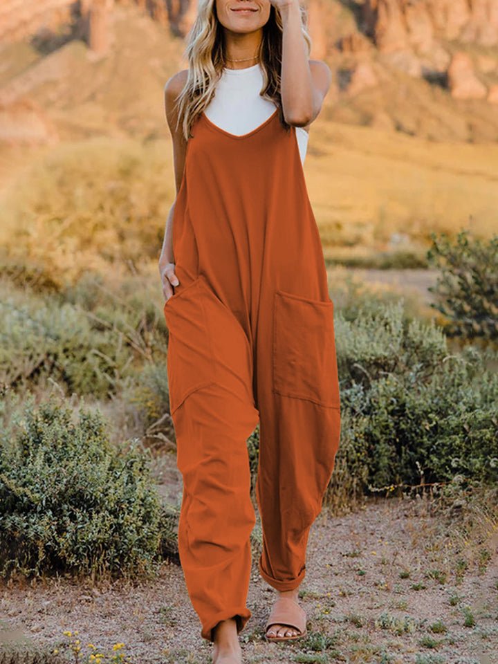 Double Take Full Size Sleeveless V - Neck Pocketed Jumpsuit - Full Size Jumpsuit - Orange - Bella Bourget