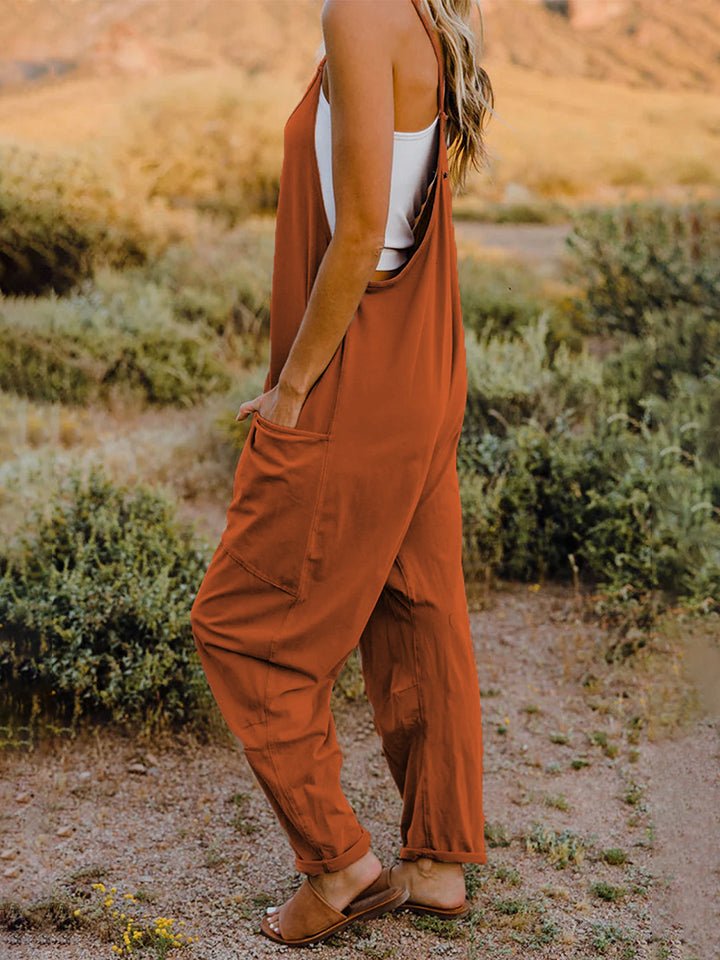 Double Take Full Size Sleeveless V - Neck Pocketed Jumpsuit - Full Size Jumpsuit - Orange - Bella Bourget