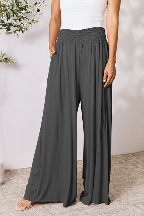 Double Take Full Size Smocked Wide Waistband Wide Leg Pants - Pants - Charcoal - Bella Bourget