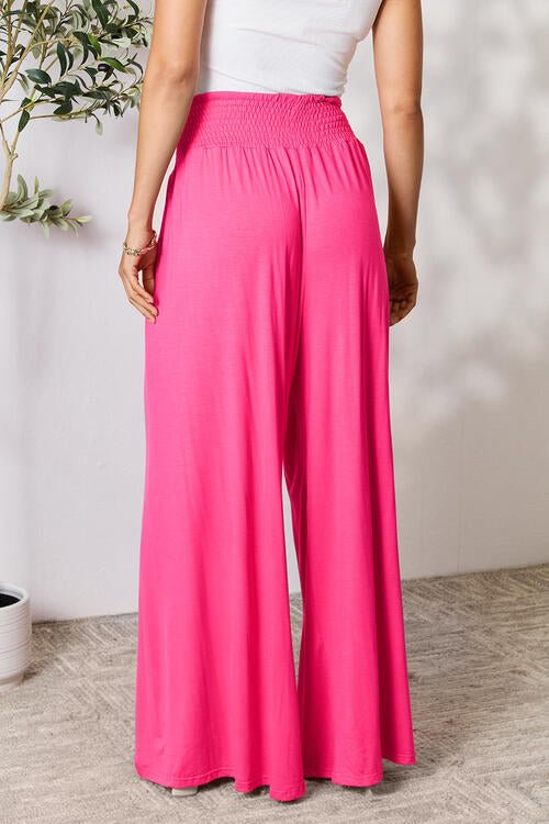 Double Take Full Size Smocked Wide Waistband Wide Leg Pants - Pants - Hot Pink - Bella Bourget