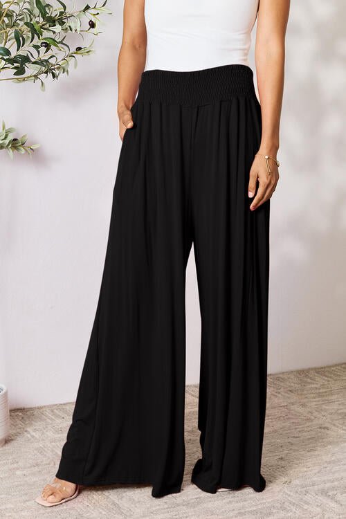 Double Take Full Size Smocked Wide Waistband Wide Leg Pants - Pants - Black - Bella Bourget