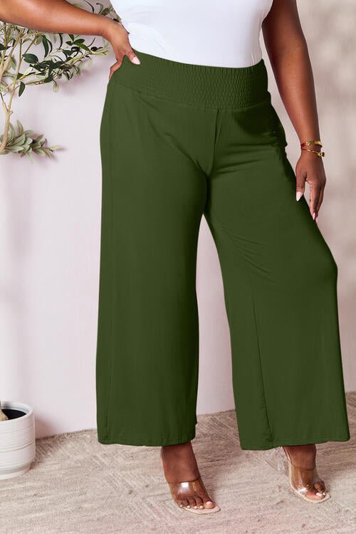 Double Take Full Size Smocked Wide Waistband Wide Leg Pants - Pants - Army Green - Bella Bourget