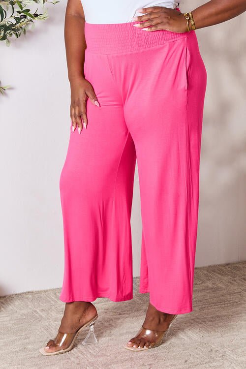 Double Take Full Size Smocked Wide Waistband Wide Leg Pants - Pants - Hot Pink - Bella Bourget