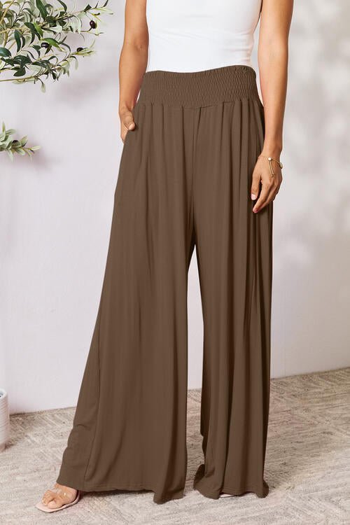 Double Take Full Size Smocked Wide Waistband Wide Leg Pants - Pants - Coffee Brown - Bella Bourget