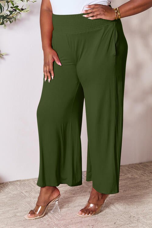 Double Take Full Size Smocked Wide Waistband Wide Leg Pants - Pants - Army Green - Bella Bourget