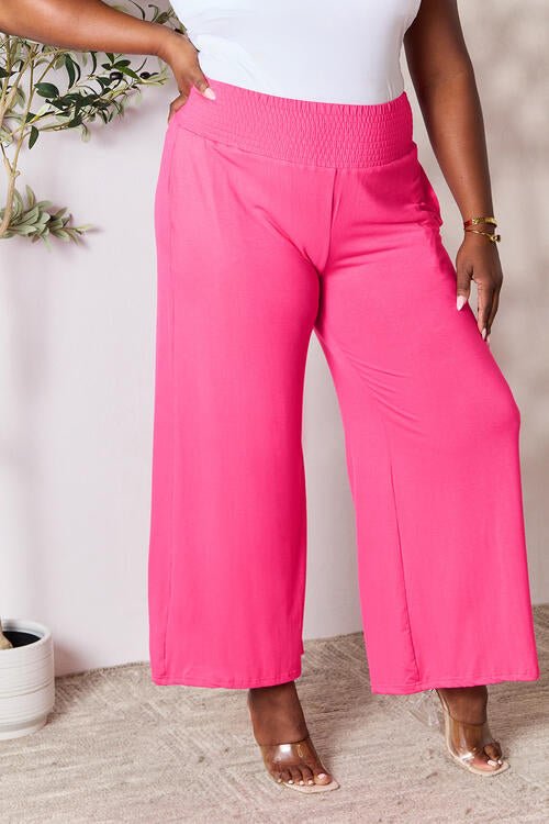 Double Take Full Size Smocked Wide Waistband Wide Leg Pants - Pants - Hot Pink - Bella Bourget