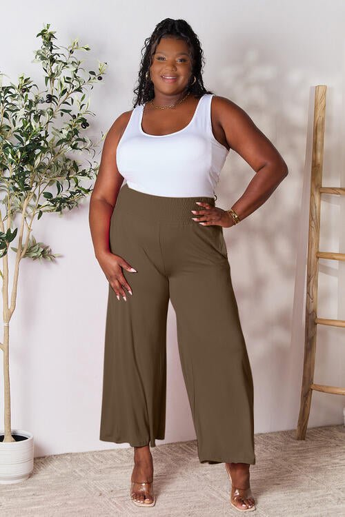 Double Take Full Size Smocked Wide Waistband Wide Leg Pants - Pants - Charcoal - Bella Bourget