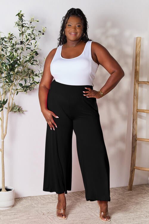 Double Take Full Size Smocked Wide Waistband Wide Leg Pants - Pants - Black - Bella Bourget