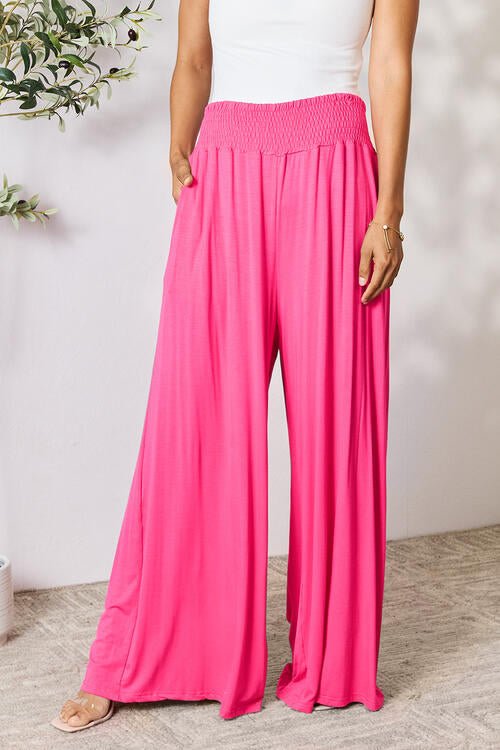 Double Take Full Size Smocked Wide Waistband Wide Leg Pants - Pants - Hot Pink - Bella Bourget