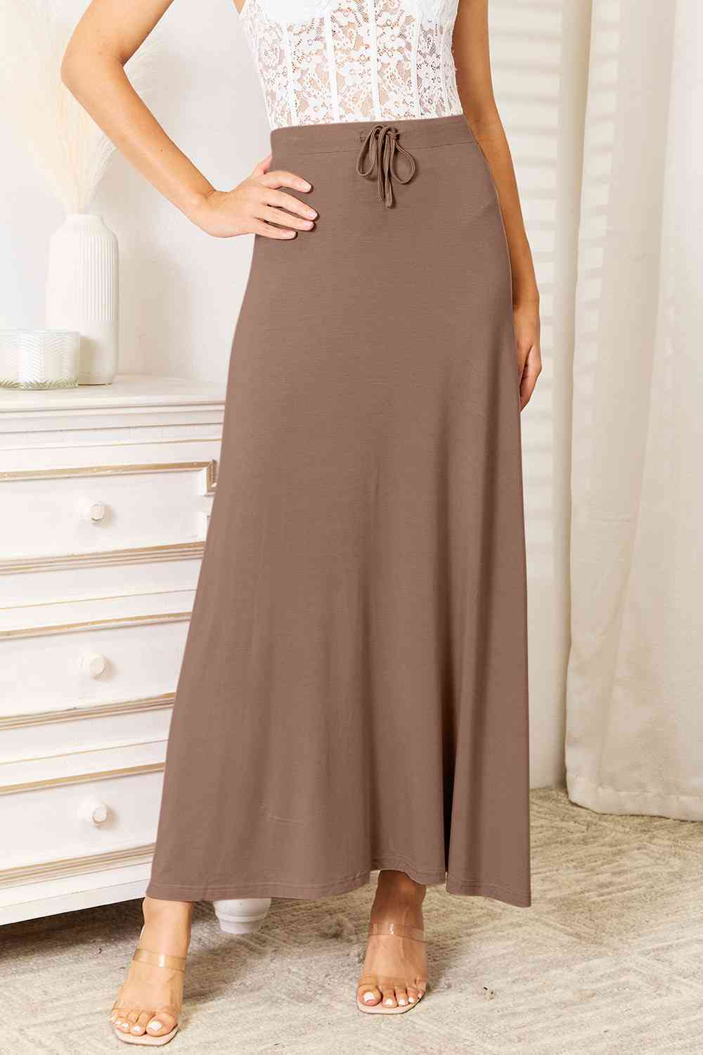 Double Take Full Size Soft Rayon Drawstring Waist Maxi Skirt Rayon - Skirt - Taupe - Bella Bourget