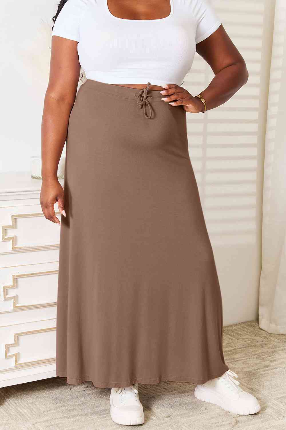 Double Take Full Size Soft Rayon Drawstring Waist Maxi Skirt Rayon - Skirt - Taupe - Bella Bourget