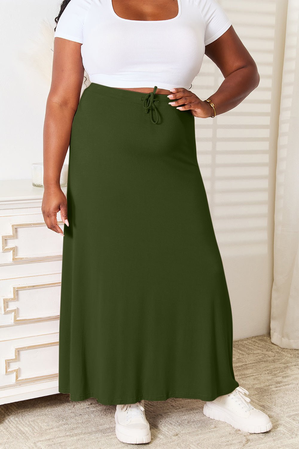 Double Take Full Size Soft Rayon Drawstring Waist Maxi Skirt Rayon - Skirt - Green - Bella Bourget