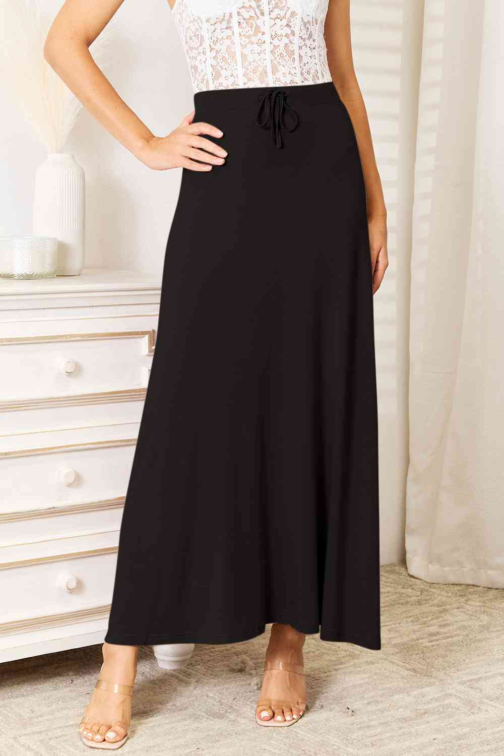 Double Take Full Size Soft Rayon Drawstring Waist Maxi Skirt Rayon - Skirt - Black - Bella Bourget