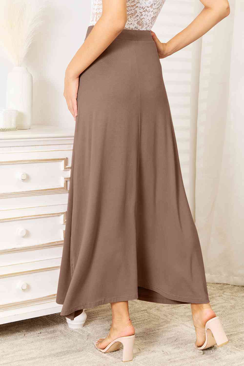 Double Take Full Size Soft Rayon Drawstring Waist Maxi Skirt Rayon - Skirt - Taupe - Bella Bourget