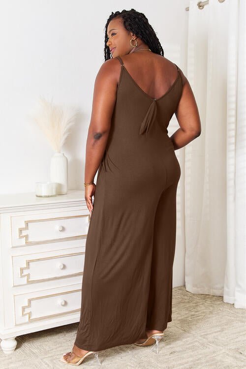 Double Take Full Size Soft Rayon Spaghetti Strap Tied Wide Leg Jumpsuit - Full Size Jumpsuit - Mocha - Bella Bourget