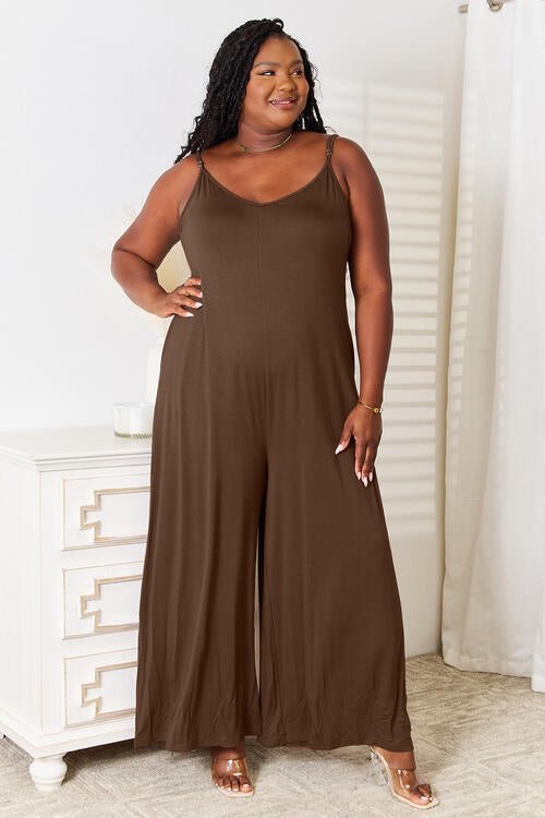 Double Take Full Size Soft Rayon Spaghetti Strap Tied Wide Leg Jumpsuit - Full Size Jumpsuit - Mocha - Bella Bourget