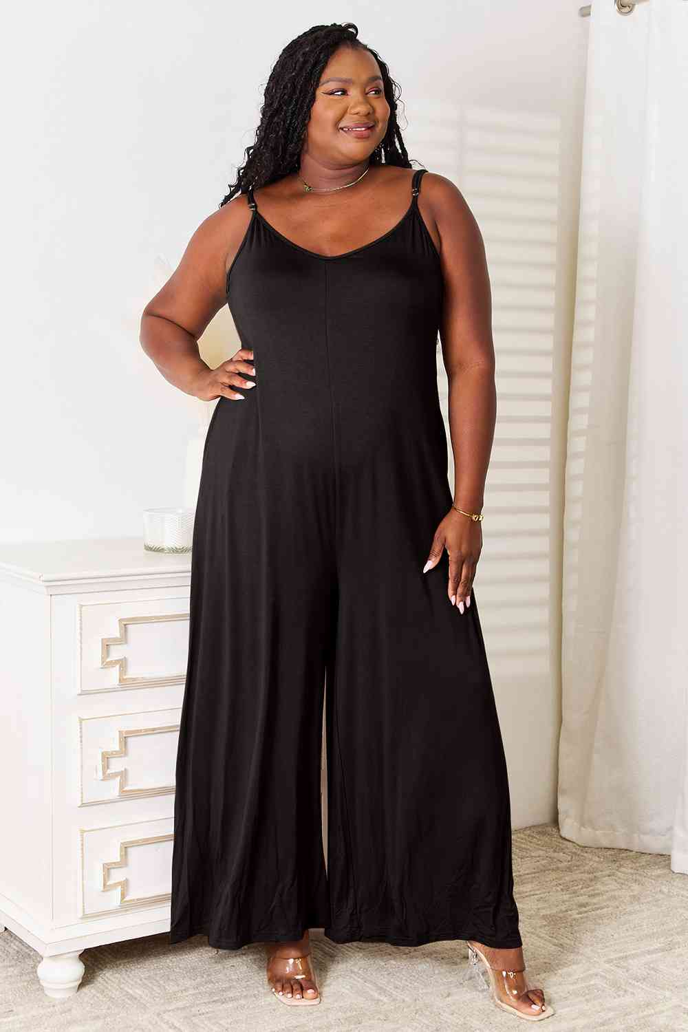 Double Take Full Size Soft Rayon Spaghetti Strap Tied Wide Leg Jumpsuit - Full Size Jumpsuit - Black - Bella Bourget