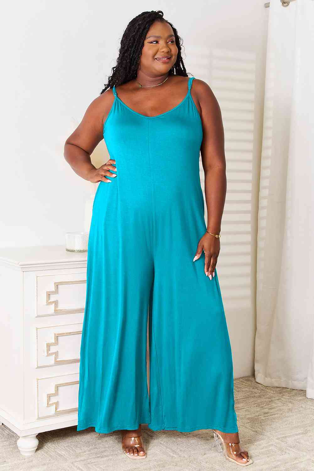 Double Take Full Size Soft Rayon Spaghetti Strap Tied Wide Leg Jumpsuit - Full Size Jumpsuit - Sky Blue - Bella Bourget