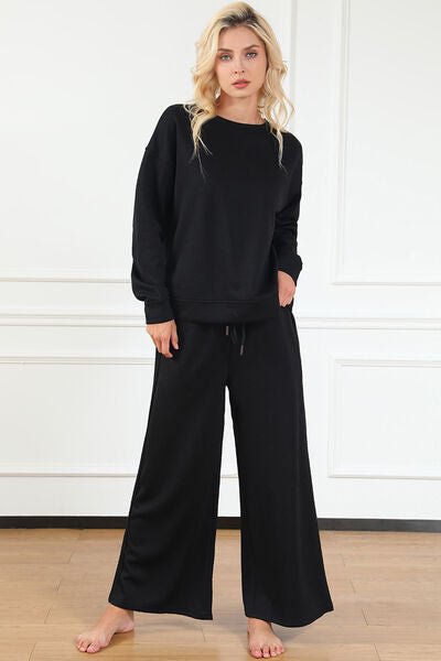 Double Take Full Size Textured Long Sleeve Top and Drawstring Pants Set - Loungewear Set - Black - Bella Bourget