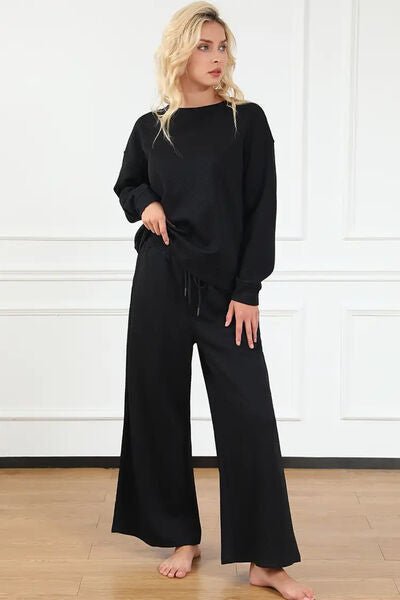 Double Take Full Size Textured Long Sleeve Top and Drawstring Pants Set - Loungewear Set - Black - Bella Bourget