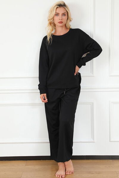 Double Take Full Size Textured Long Sleeve Top and Drawstring Pants Set - Loungewear Set - Black - Bella Bourget