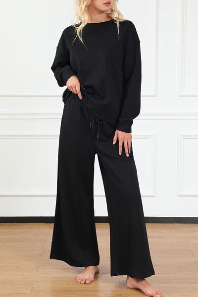 Double Take Full Size Textured Long Sleeve Top and Drawstring Pants Set - Loungewear Set - Black - Bella Bourget