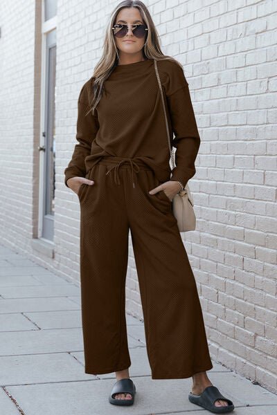 Double Take Full Size Textured Long Sleeve Top and Drawstring Pants Set - Loungewear Set - Chestnut - Bella Bourget