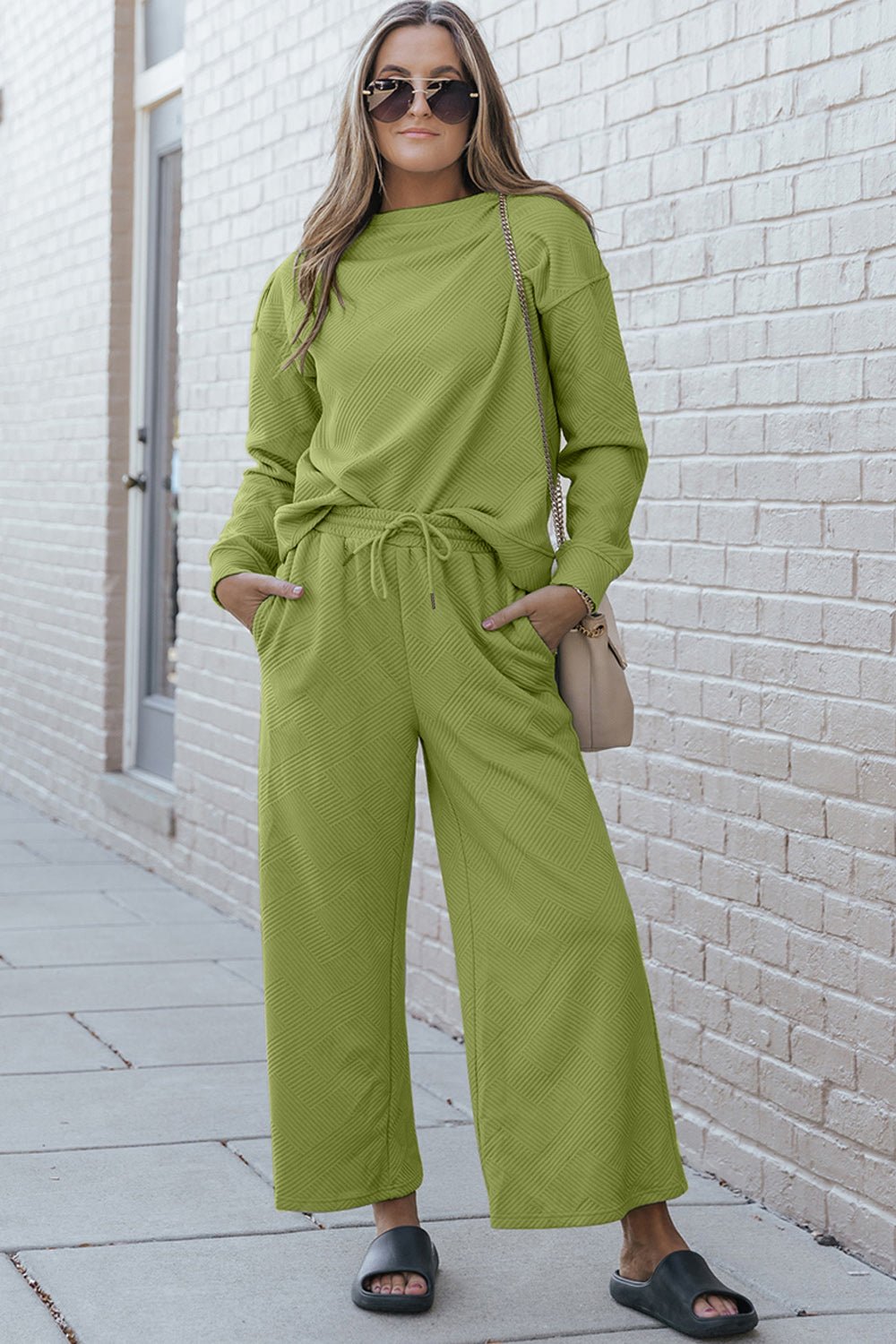 Double Take Full Size Textured Long Sleeve Top and Drawstring Pants Set - Loungewear Set - Chartreuse - Bella Bourget