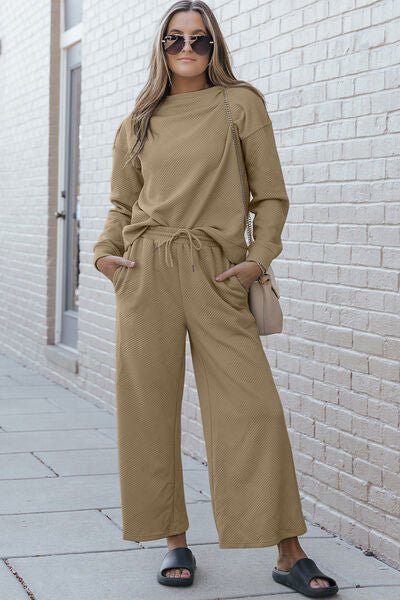 Double Take Full Size Textured Long Sleeve Top and Drawstring Pants Set - Loungewear Set - Tan - Bella Bourget