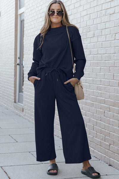 Double Take Full Size Textured Long Sleeve Top and Drawstring Pants Set - Loungewear Set - Navy - Bella Bourget