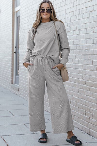 Double Take Full Size Textured Long Sleeve Top and Drawstring Pants Set - Loungewear Set - Light Gray - Bella Bourget