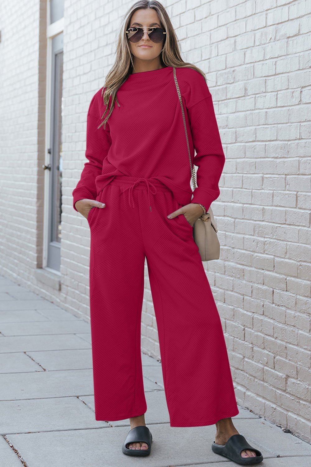 Double Take Full Size Textured Long Sleeve Top and Drawstring Pants Set - Loungewear Set - Cerise - Bella Bourget