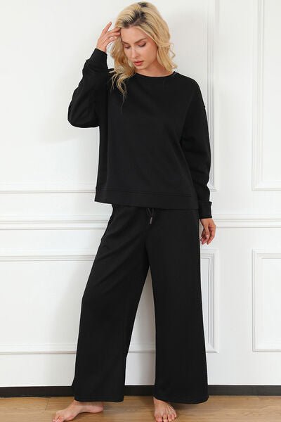 Double Take Full Size Textured Long Sleeve Top and Drawstring Pants Set - Loungewear Set - Black - Bella Bourget