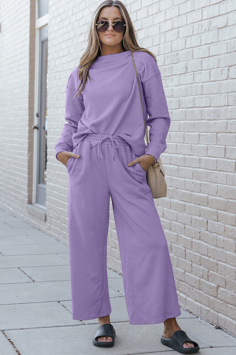 Double Take Full Size Textured Long Sleeve Top and Drawstring Pants Set - Loungewear Set - Lavender - Bella Bourget