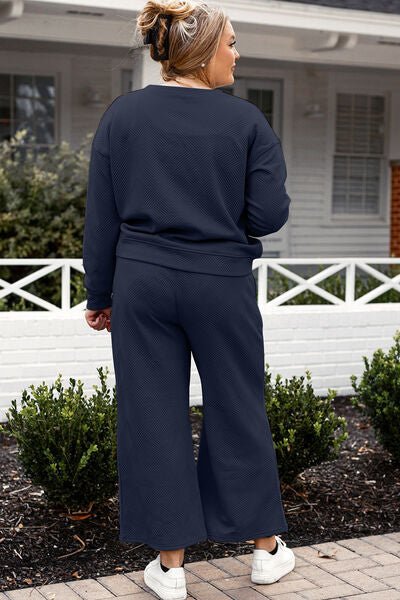 Double Take Full Size Textured Long Sleeve Top and Drawstring Pants Set - Loungewear Set - Navy - Bella Bourget