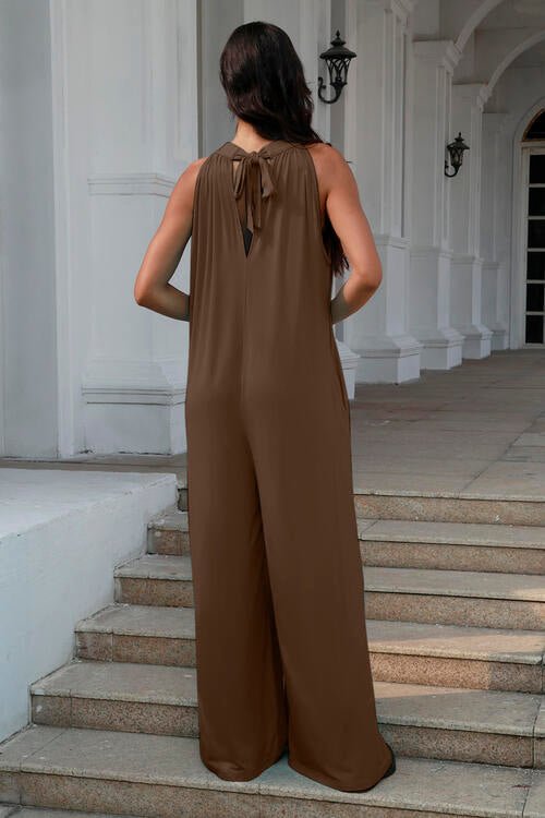 Double Take Full Size Tie Back Cutout Sleeveless Jumpsuit - Jumpsuit - Mocha - Bella Bourget