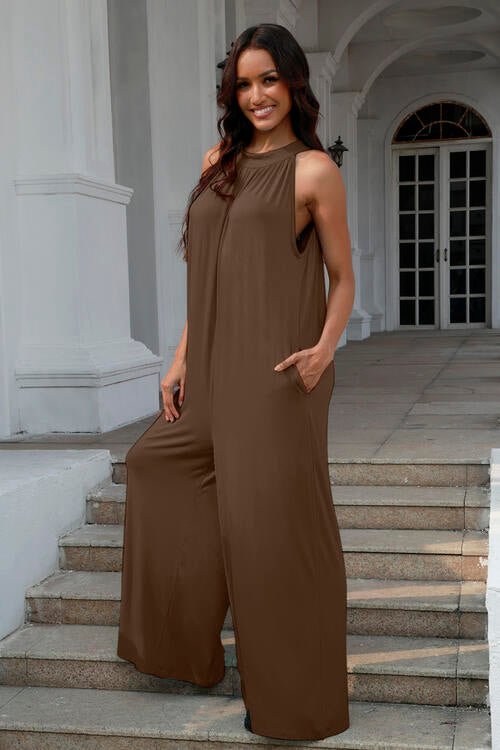 Double Take Full Size Tie Back Cutout Sleeveless Jumpsuit - Jumpsuit - Mocha - Bella Bourget