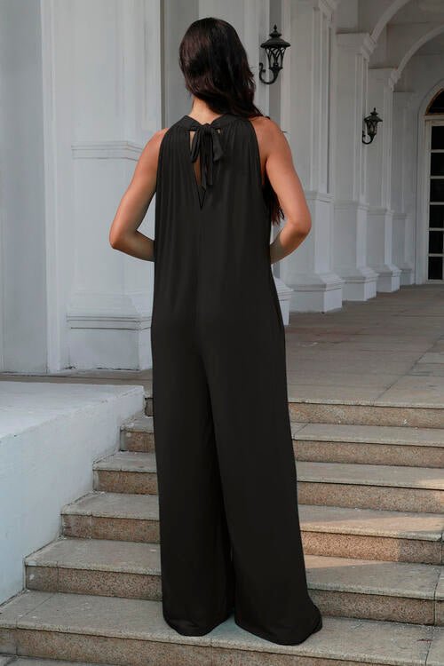 Double Take Full Size Tie Back Cutout Sleeveless Jumpsuit - Jumpsuit - Black - Bella Bourget