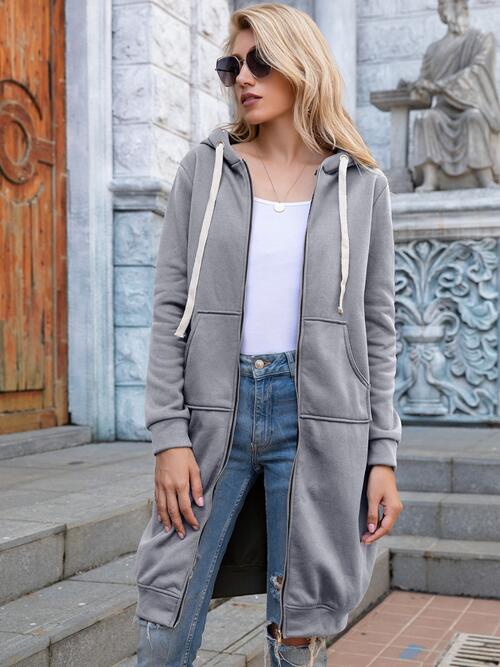 Double Take Full Size Zip - Up Longline Hoodie with Pockets - Hoodie - Light Gray - Bella Bourget