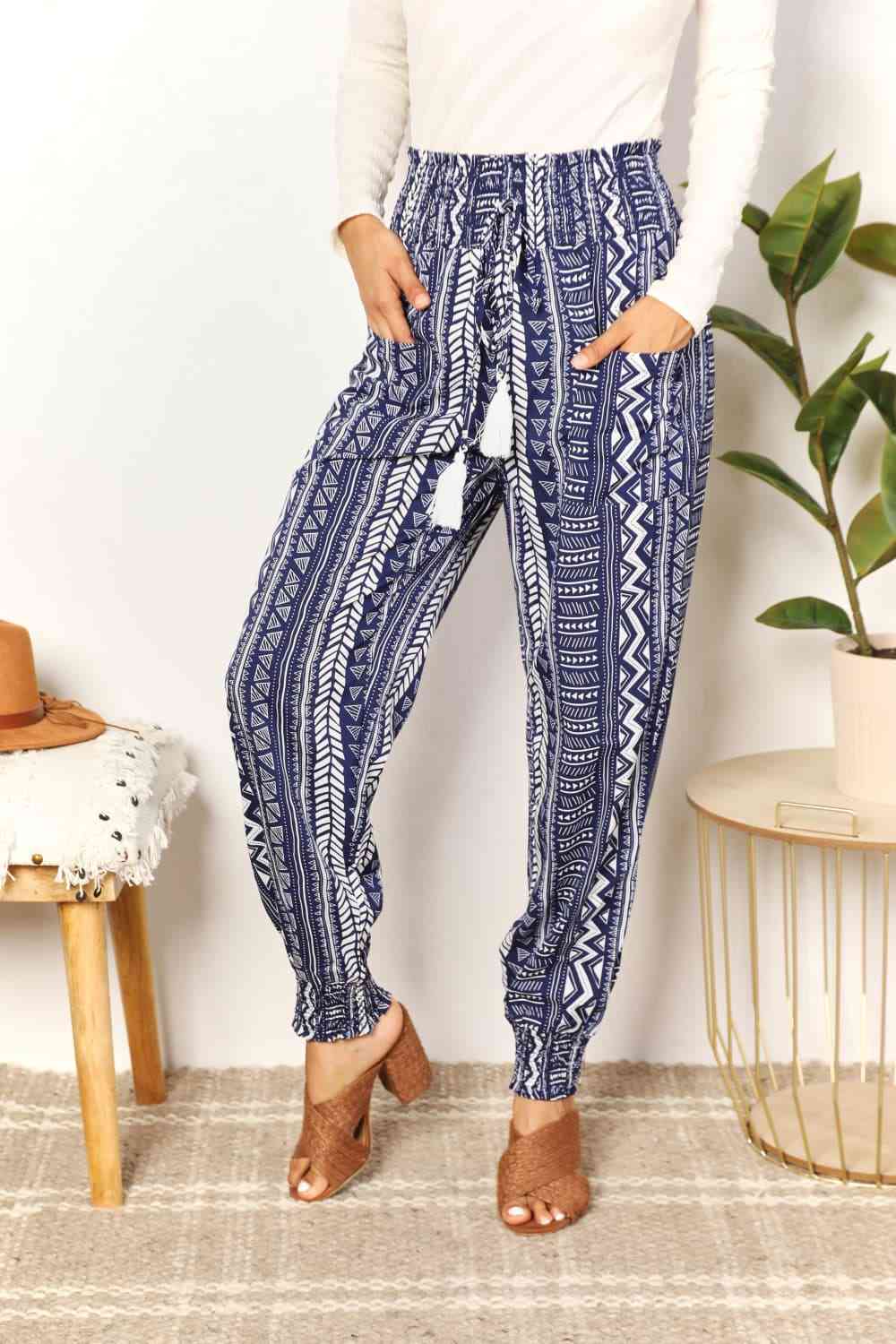 Double Take Geometric Print Tassel High - Rise Pants - Pants - Navy - Bella Bourget