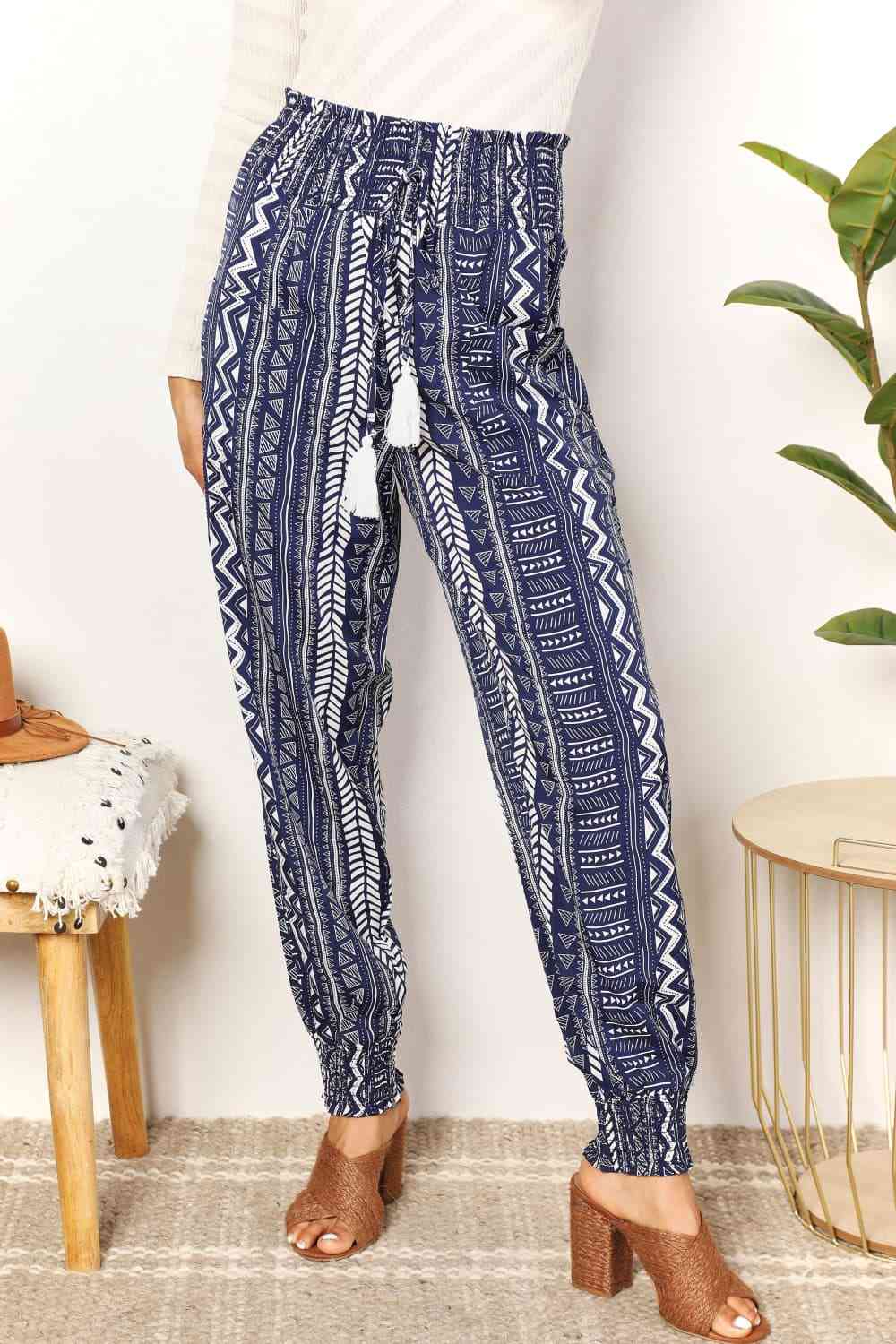 Double Take Geometric Print Tassel High - Rise Pants - Pants - Navy - Bella Bourget