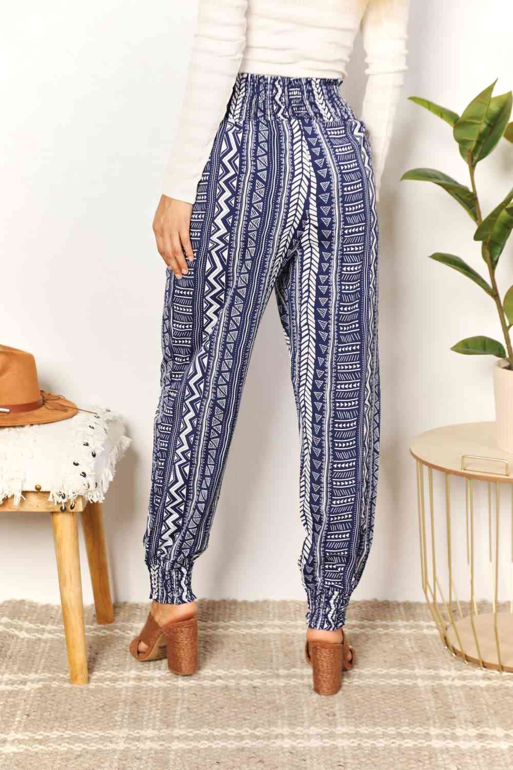 Double Take Geometric Print Tassel High - Rise Pants - Pants - Navy - Bella Bourget