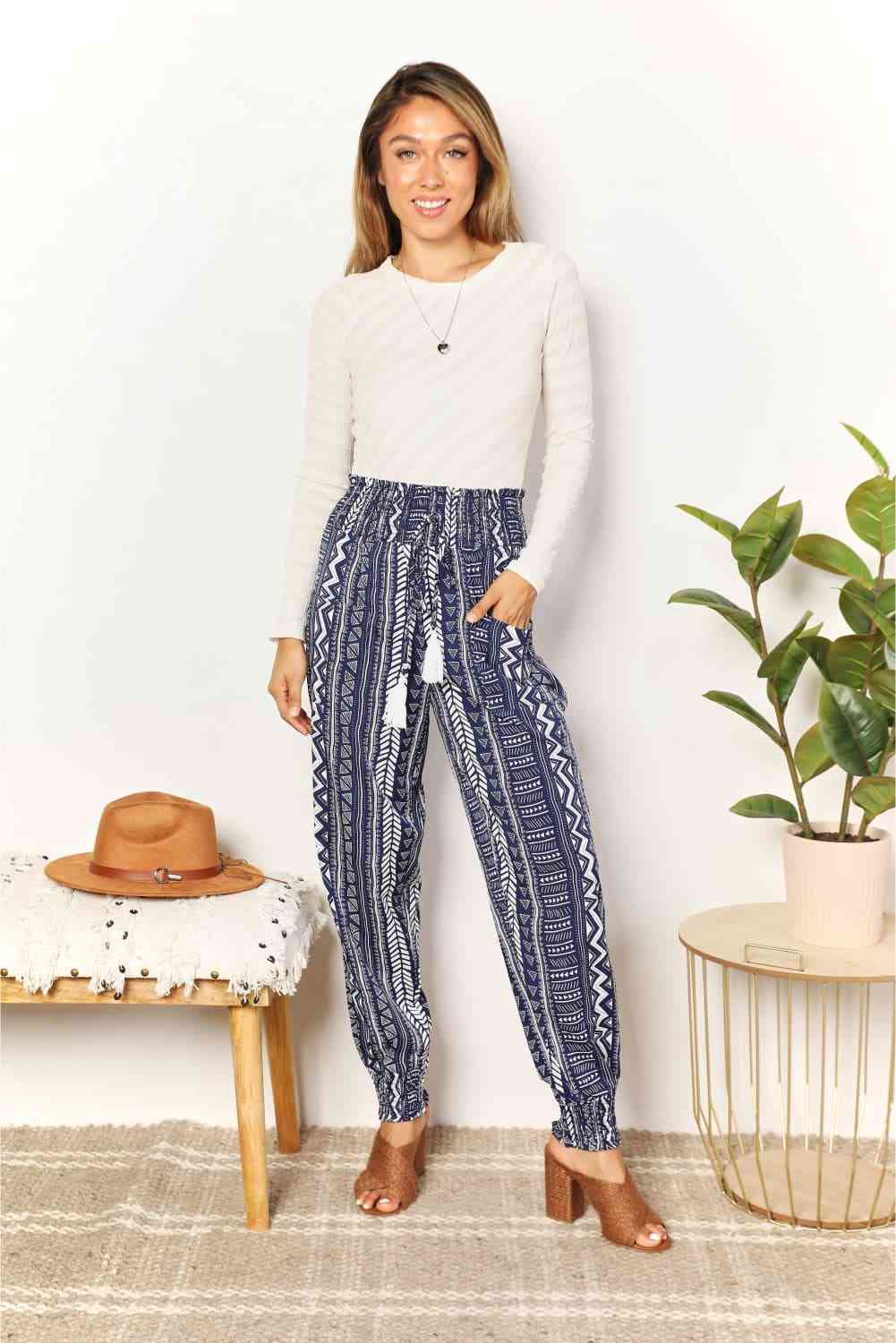 Double Take Geometric Print Tassel High - Rise Pants - Pants - Navy - Bella Bourget